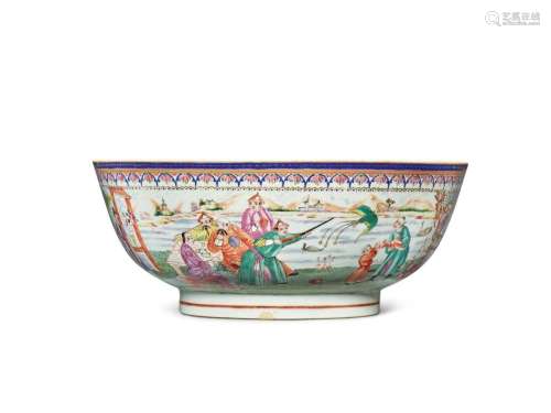 A Chinese Export Famille-rose Punchbowl, Qing Dynasty, Qianlong Period, circa 1795, Partially Later Decorated in Europe | 清乾隆 約1795年 歐洲後加彩人物故事圖大盌