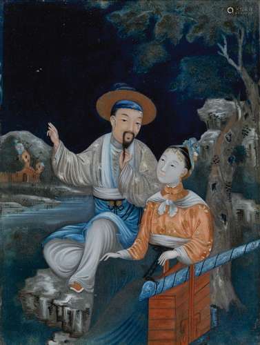 A Chinese Reverse Glass Painting of a Scholar and Lady, Qing Dynasty, 19th Century | 清十九世紀 鏡畫文人仕女圖 裝框