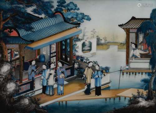 A Chinese Export Reverse Glass Painting of Ladies in a Garden, Qing Dynasty, 19th Century | 清十九世紀 鏡畫庭院仕女圖 裝框