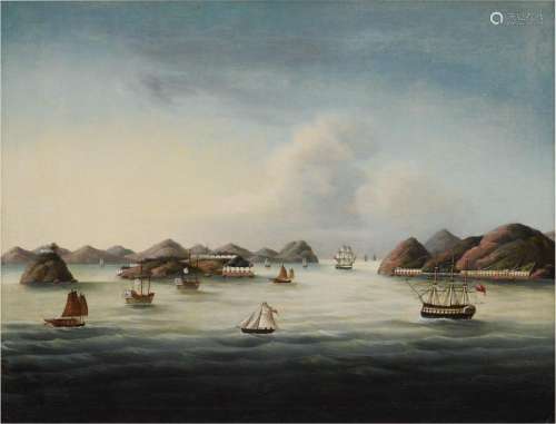 A View of the Boca Tigris Forts on the Pearl River, Qing Dynasty, circa 1840 | 清十九世紀 虎門風光 油畫 裝框