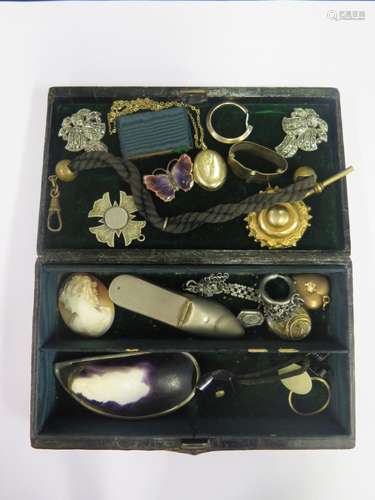 A Box of Victorian and later Jewellery including rolled gold locket, marcasite clips, mussel shell