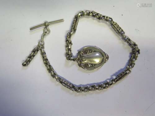 A Silver Watch Chain, T-bar and fob, 31.8g