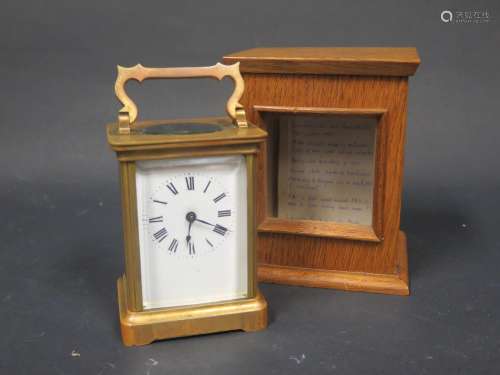 A French Brass Carriage Clock by Duverdrey & Bloquel, c. 1910, 14.5cm to top pf handle, with key and