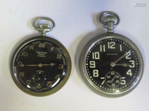 An Oriosa Black Dial Pocket Watch (running) and Waltham black dial pocket watch (A/F)