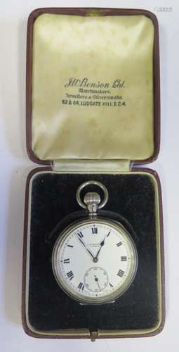 A J.W. Benson Silver Cased Open Dial Pocket Watch in Benson case, London 1937, running