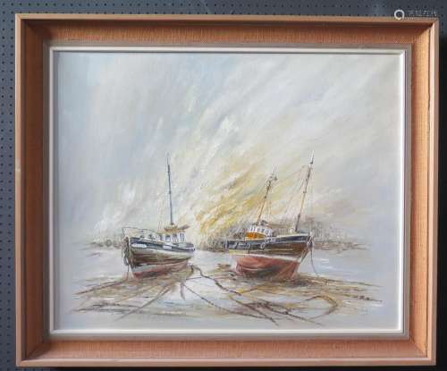Wyn Appleford, Two Fishing Boats at Low Tide, 20/21st Century, Oil on Canvas, 76 x 61cm, Framed