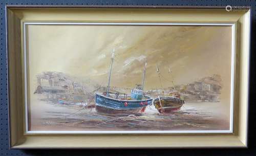 Wyn Appleford, Fishing Boats Moored Up, 20/21st Century, Oil on Canvas, 76 x 39cm, Framed