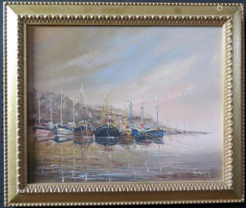 Wyn Appleford, Boats Lined up in the Harbour, 2oth/21st Century, Oil on Canvas, 49 x 40cm, Framed