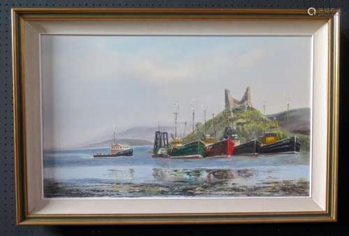 Wyn Appleford, Fishing Boasts with Ruins behind, 20th/21st Century, Oil on Canvas, 75 x 46cm, Framed
