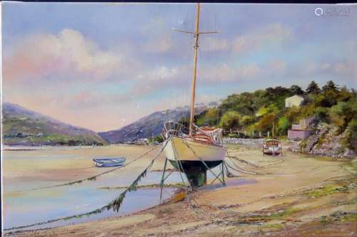 Wyn Appleford, Fishing Boat Moored up on the Sandy Shores, 20th/21st Century, Oil on Canvas, 61 x