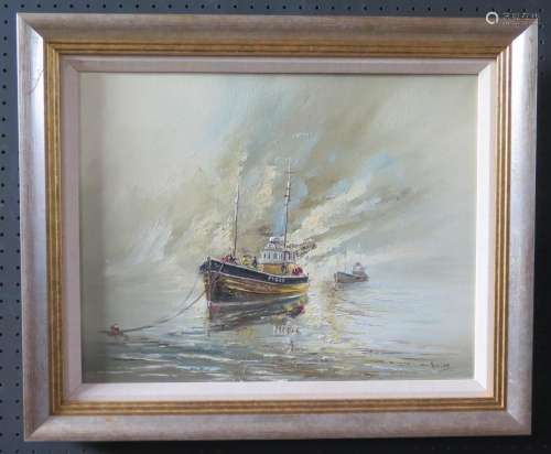 Wyn Appleford, Fishing Boats in the Mist, 20th/21st Century, Oil on Canvas, 44 x 35cm, Framed
