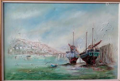 Wyn Appleford, Two Fishing Boats with Bridge beyond, 20th/21st Century, Oil on Canvas, 74 x 49cm,