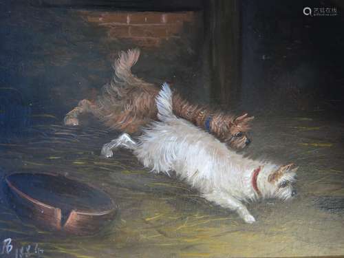 Oil on Panel depicting Terriers Rat Catching, monogrammed AB? Dated 1886,19 x 16cm, Framed