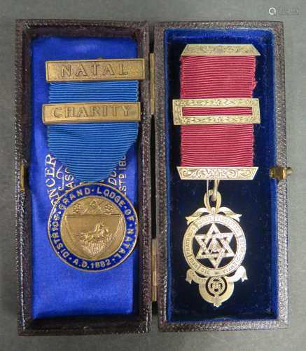 A Cased Victorian Silver Masonic Jewel (London 1894, maker GK) and Natal Charity jewel inscribed