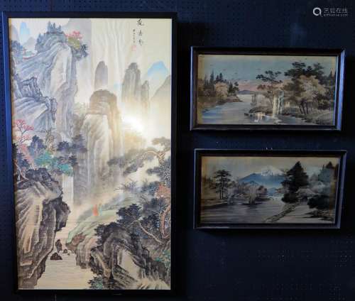 A Large Chinese painting on silk depicting a Mountain and River Scene, 101 x 59cm, F&G and Two