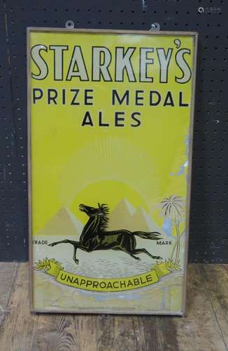 A 'STARKEY'S PRIZE MEDAL ALES' Glass Advertising Sign with metal surround, 51x29.5cm