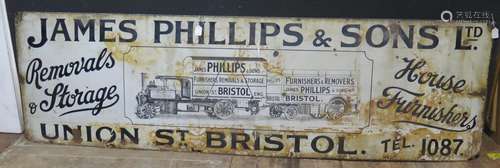 A JAMES PHILLIPS & SONS LTD. UNION ST. BRISTOL Enamel Advertising Sign promoting their Removals &