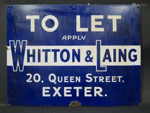 A WHITTON & LAING 20, QUEEN STREET, EXETER. TO LET Enamel Sign, 61x46cm