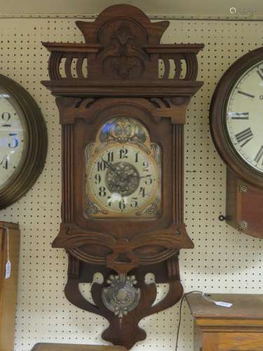 An Art Nouveau Oak Cased Drop Pendulum Wall Clock, c. 90 tall, running