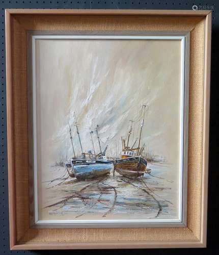 Wyn Appleford, Three Fishing Boats at Low Tide, 20th/21st Century, Oil on Canvas, 50 x 30cm, Framed