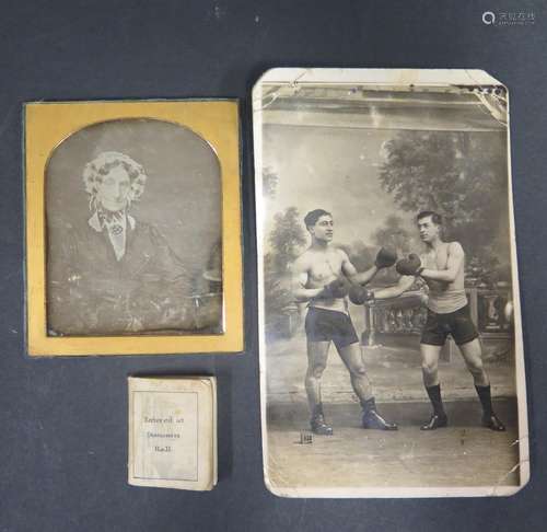 A Daguerreotype Portrait of an Elderly Lady, pugilist postcard and Miniature History of England by