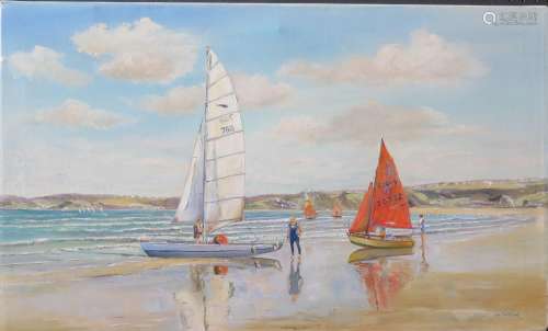 Wyn Appleford, ' Catamaran and Yachts, Towan Beach, Newquay Bay, Signed, 20th/21st century, Oil on
