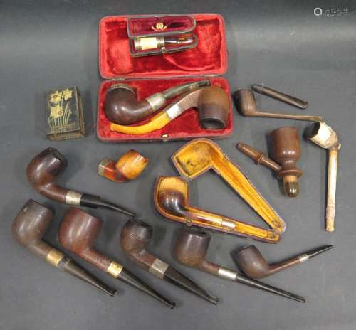 A Selection of Smoker's Pipes including some with silver collars, by BBB, GWS, Barling's, cased