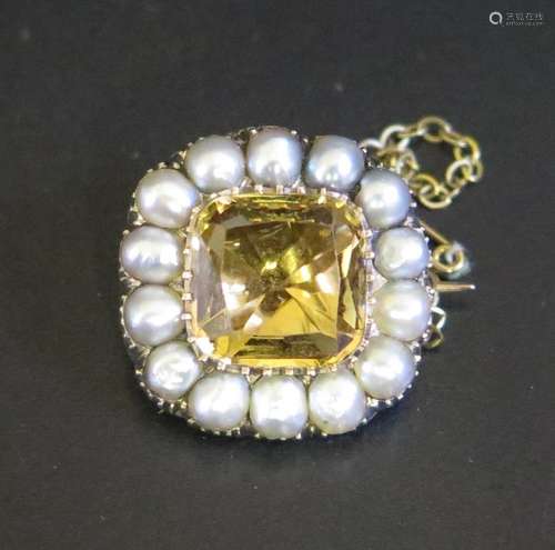 A Georgian Foil Back Citrine? and Pearl Brooch in an unmarked gold setting, 19.5mm square, 6.2g