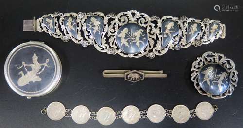 A Siam Silver Bracelet, Brooch and Tie Pin (73.8g), unmarked compact and coin bracelet