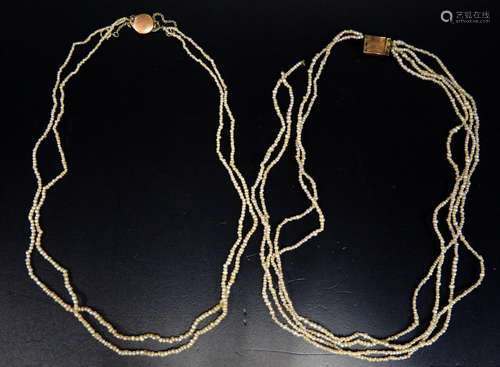 Two Georgian Pearl Necklaces. Four strand c. 37cm long (some strands loose), two strand c. 38cm,