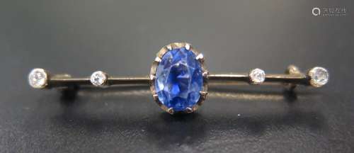 A Sapphire and Diamond Bar Brooch in an unmarked gold setting, 39mm, 2.6g