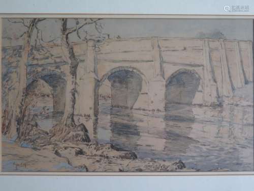 Bridge over the River, Pencil and Watercolour, signature undistinguishable, 48 x 29cm, F&G