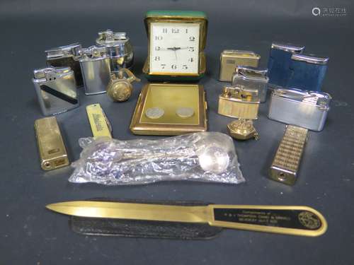 A Collection of Cigarette Lighters including RONSON, Calibri, etc., travel clock, cigarette case