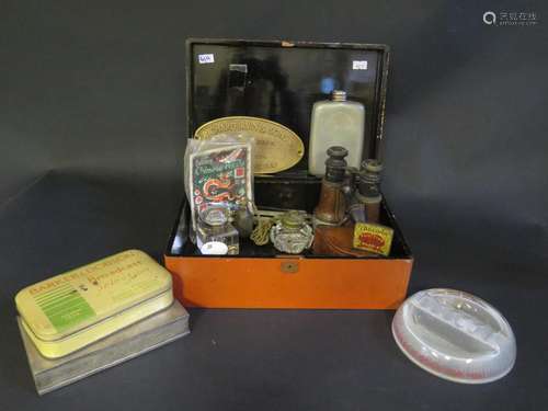 A Rare Cakeoma Fugitive Square Puzzle Tin, pair of Ross binoculars, Richard Irvin & Sons