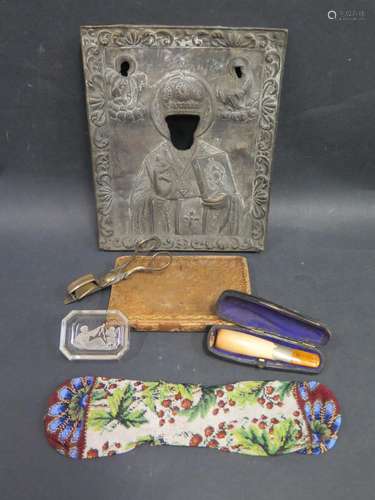 A Selection of Oddments including an icon frame (21x17.5cm), beadwork purse, cased Meerschaum