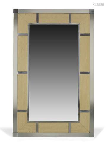 Italian, a brushed steel and travertine wall mirror c.1980 Of rectangular form with brushed steel