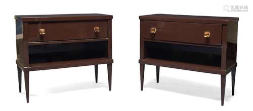 A pair of modern aubergine lacquered side cabinets, late 20th Century, the rectangular tops, above