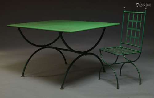 A French green painted metal garden table, c.1960, the rectangular top on x-shaped supports, 72cm
