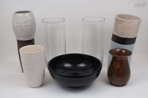 A collection of modern decorative glass and ceramic wares, to include: a pair of bubble glass vases,