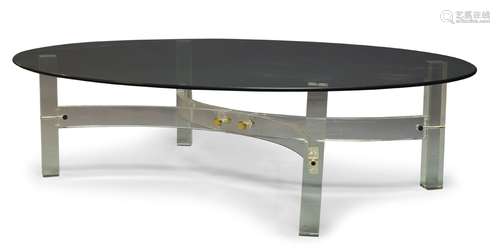 A glass and Perspex coffee table, of recent manufacture, the oval glass top on square supports