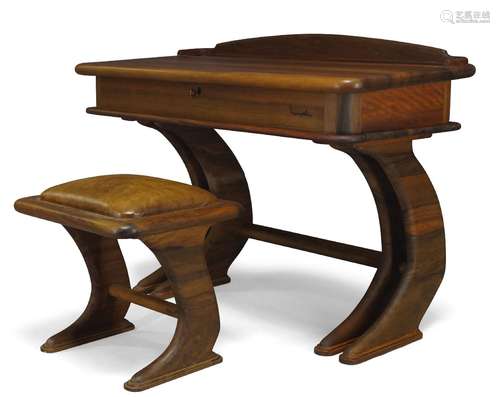 Marc Van Rampelberg (b.1949), an Iroko writing desk and stool c.1986, with inlaid ebony signature to