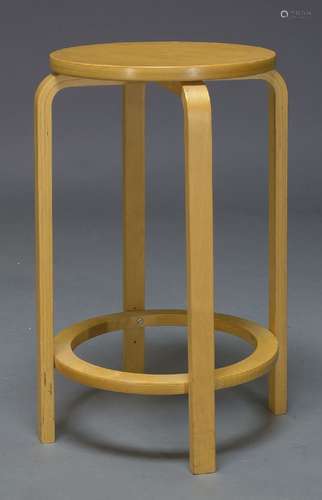 In the manner of Alvar Aalto, A bent plywood high stool, late 20th Century, with circular seat on