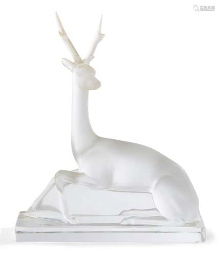 Modern Lalique ‘Model of a Deer’, design post-1945, clear and frosted glass, signed engraved Lalique