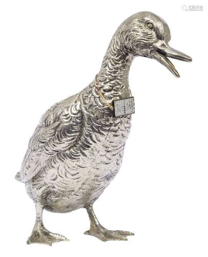 An Italian silver plated pewter model of a duck, circa. 1970, by Mauro Manetti, Signed 'M/M', '