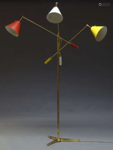 Attributed to Arredoluce, a Triennale floor lamp, Italy, c.1960, with three adjustable brass arms