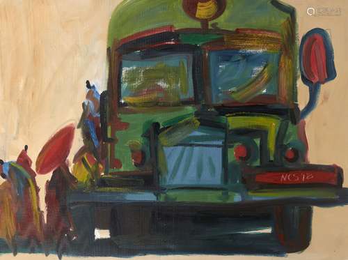 Nyein Chan Su, Burmese, b.1973- Figures boarding a green bus; oil on canvas, initialled and dated