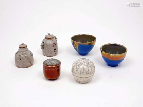 A selection of modern studio pottery of small proportions, comprising: two bowls by Margery Clinton,