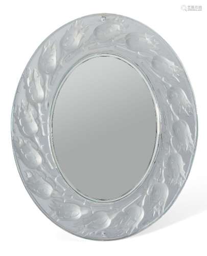 Modern Lalique table mirror, clear and frosted glass moulded with buds, with chromium plated back