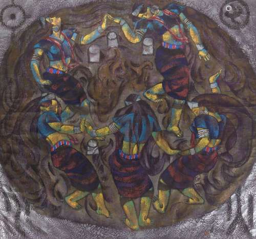 Zhou Ling, Chinese b.1941- Figures dancing in a circle; watercolour, bodycolour, and pastel on