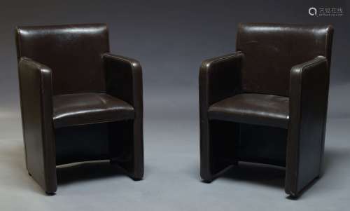 A pair of modern brown leather armchairs, of recent manufacture, with square backs and square